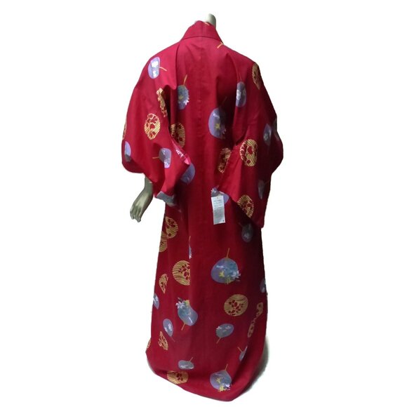 New Japanese Cotton Yukata Red Fanciful Moon Print Crisp Kimono - ONE SIZE - Picture 2 of 7